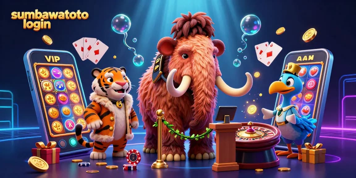 Grafis 3D menarik dengan sumbawatoto login, menampilkan Mammoth dan harimau serta elemen perjudian.