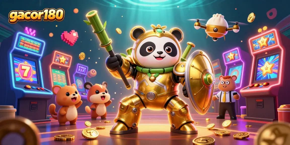 Gacor180 menyajikan ilustrasi kasino dengan panda emas dan robot, penuh permainan menawan.