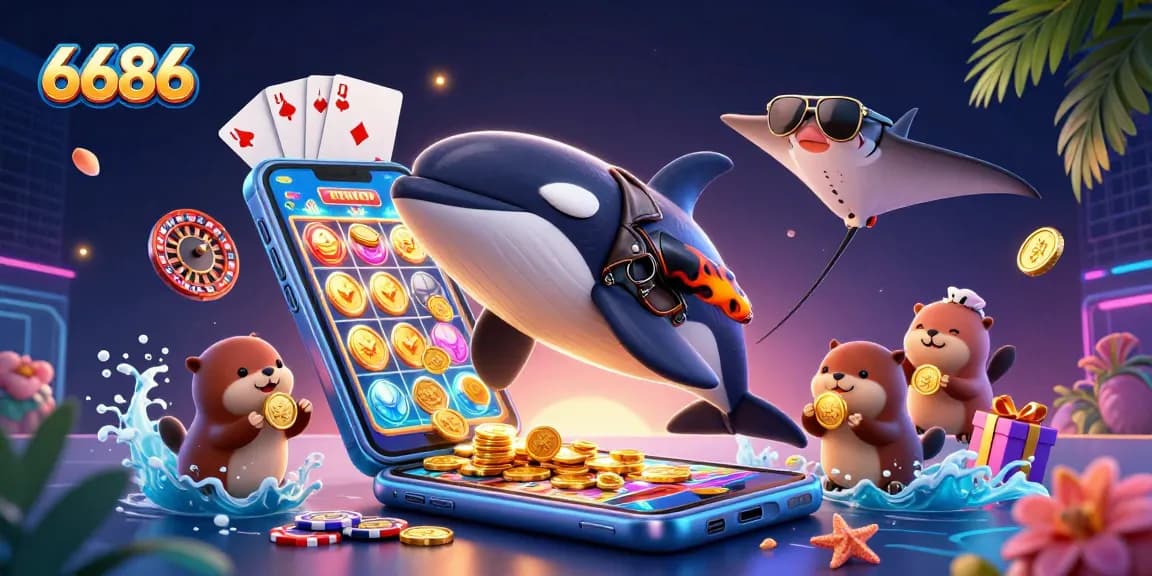 Experience the thrill of playing at 6686 with vibrant characters and lively casino elements.