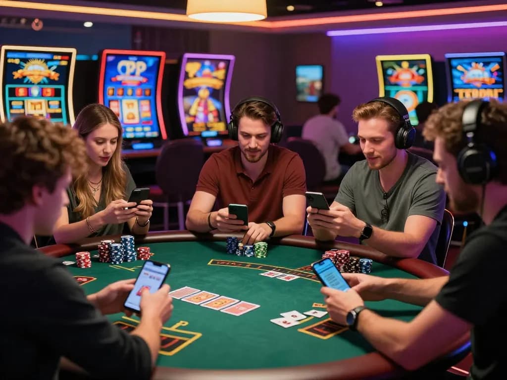 Players engaging with MM88 online casino games, showcasing excitement and vibrant digital interfaces.