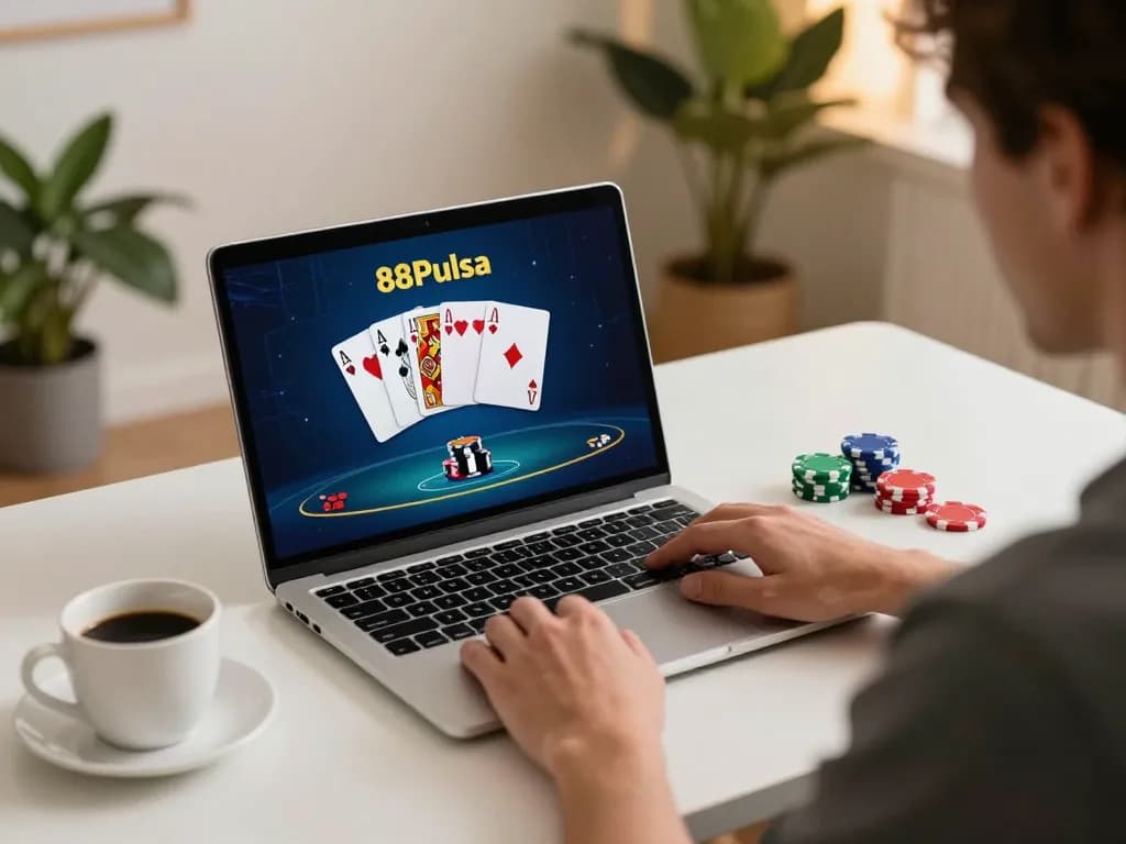 Bermain poker dengan taruhan tinggi secara online dengan 88Pulsa di pengaturan rumah yang nyaman.
