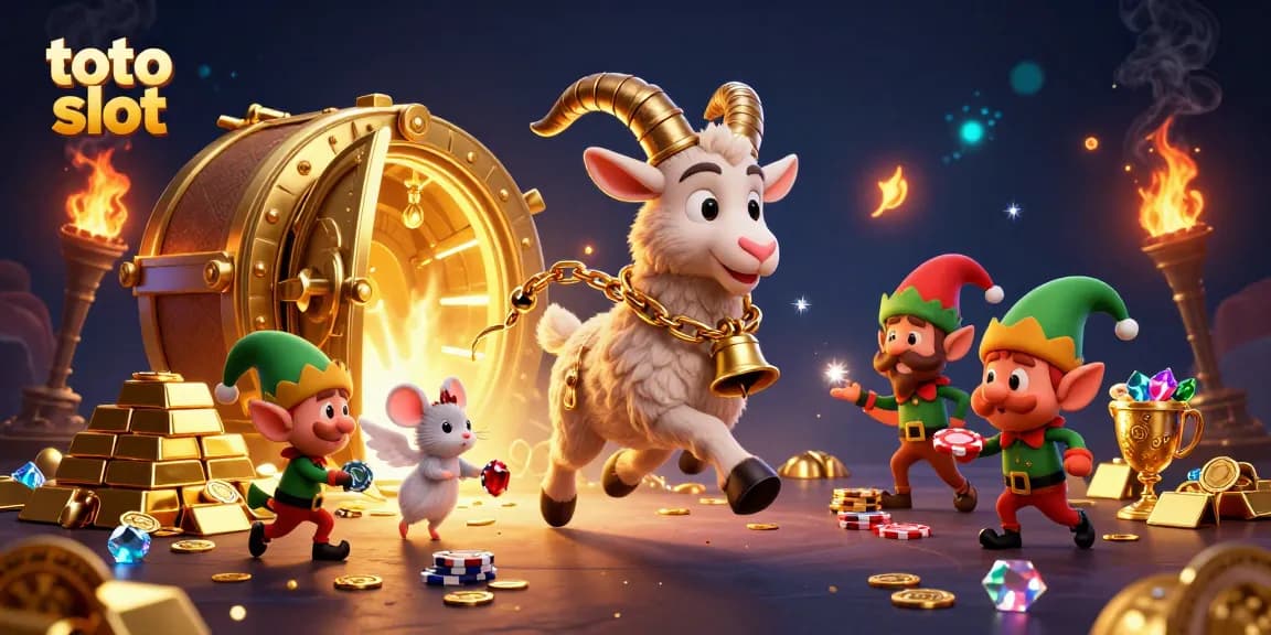 Mainkan toto slot dengan keseruan kasino yang dikelilingi harta yang bersinar dan karakter unik.