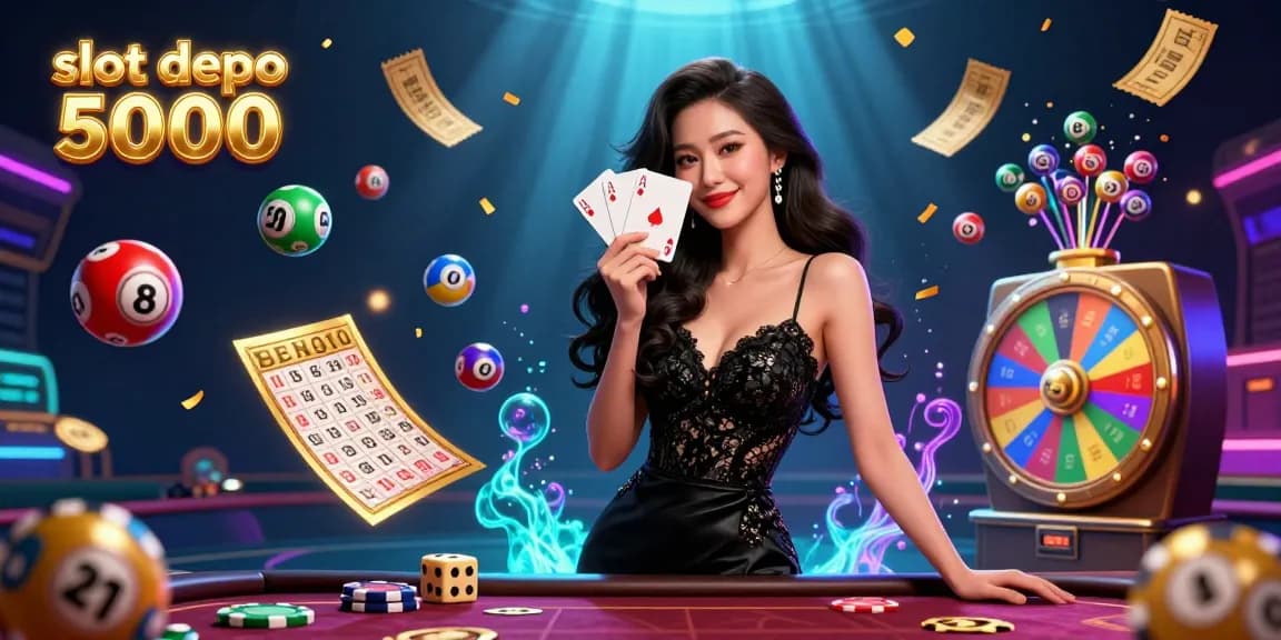 Experience slot depo 5000 with vibrant gameplay featuring an elegant woman holding cards amidst dynamic casino elements.