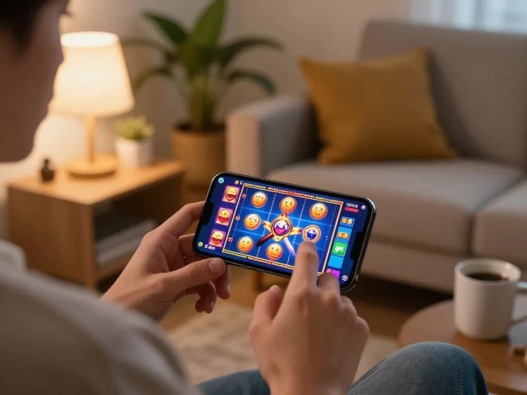 Main OKESlot Deposit Qris Tanpa Potongan pengalaman permainan mobile, menampilkan pemain yang terlibat menggunakan smartphone dalam pengaturan rumah yang nyaman