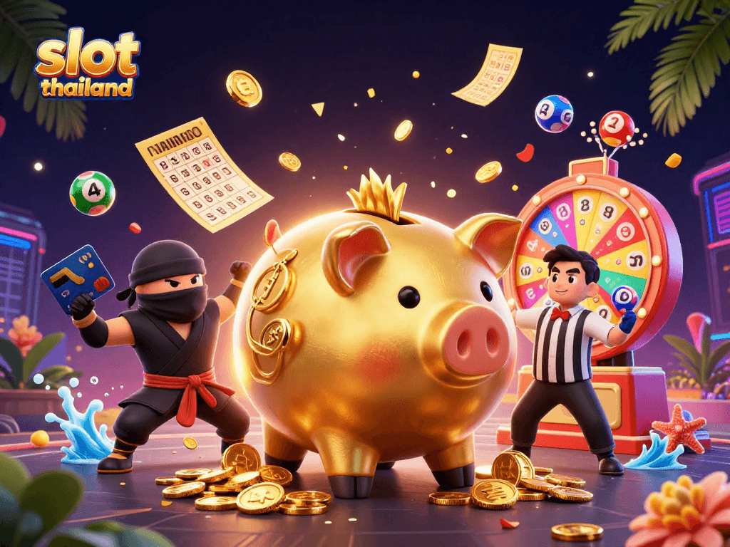 Engage with slot thailand games in a vibrant 3D scene of a sumo wrestler and ninja characters.