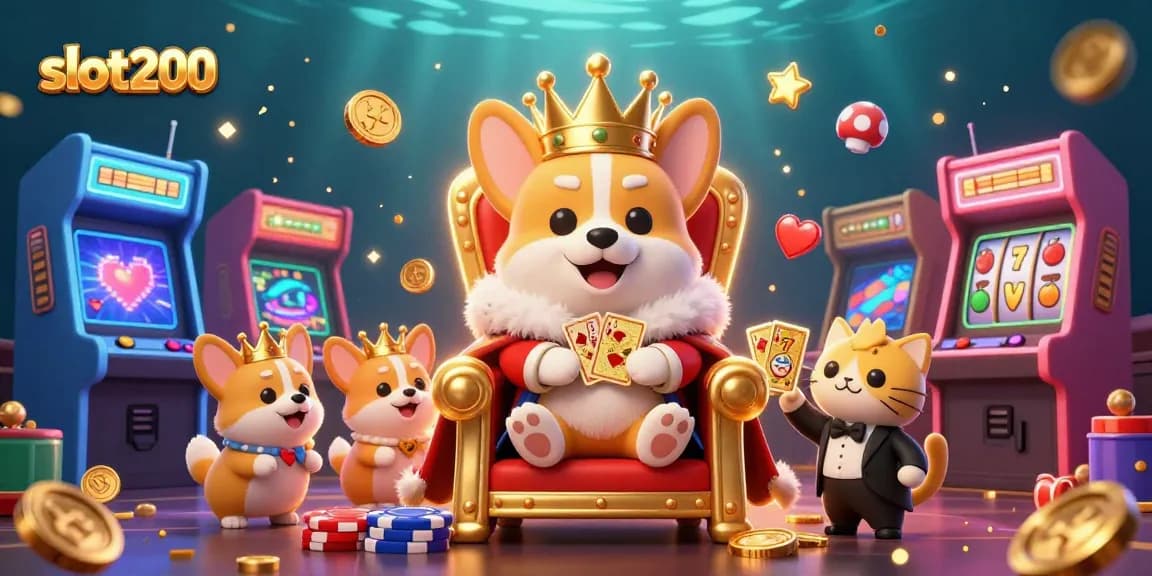 Permainan slot200 dengan ikonik corgi kerajaan dan elemen kasino yang meriah.