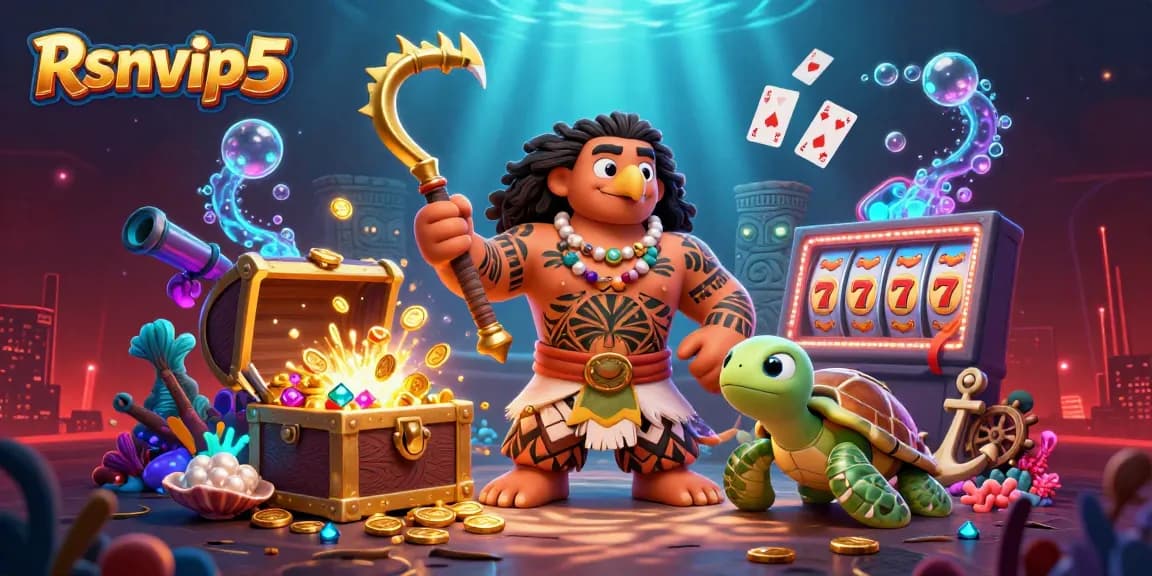Terlibat dengan kegembiraan kasino Rsnvip5 yang bersemangat menampilkan elemen demigod kartun dan tema harta karun.