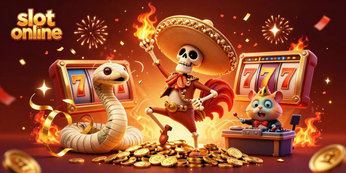 Memenangkan slot online dengan karakter meriah dan simbol keberuntungan di pemandangan kasino 3D.