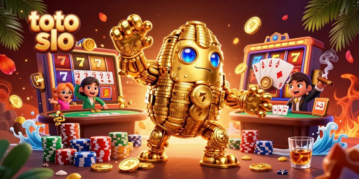 Spin and win on toto slo with golden golems and vibrant slot reels in a rich casino scene.