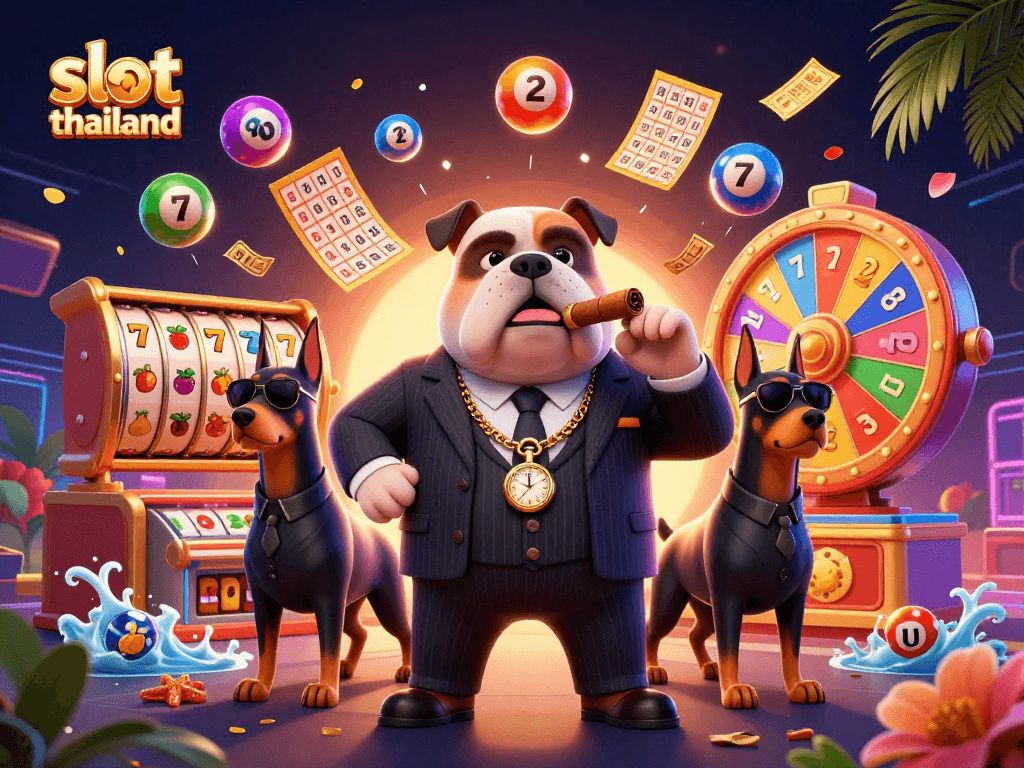 Gambarlah slot thailand dengan simbol hoki di mesin slot dan karakter mafia lucu.