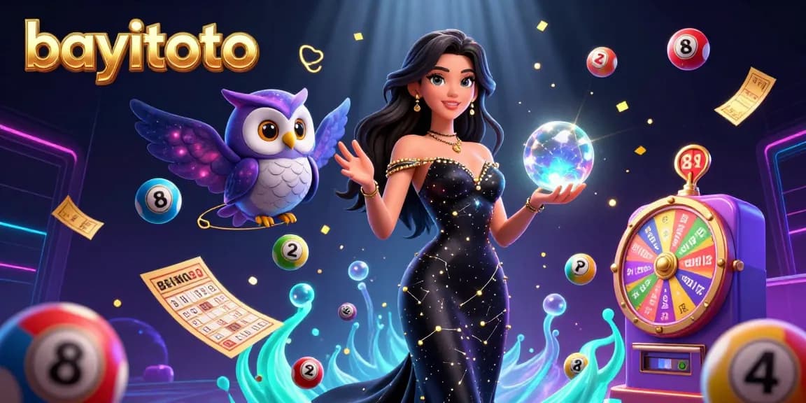 Engage with bayitoto's exciting lottery experience featuring colorful balls and a mystical scene.
