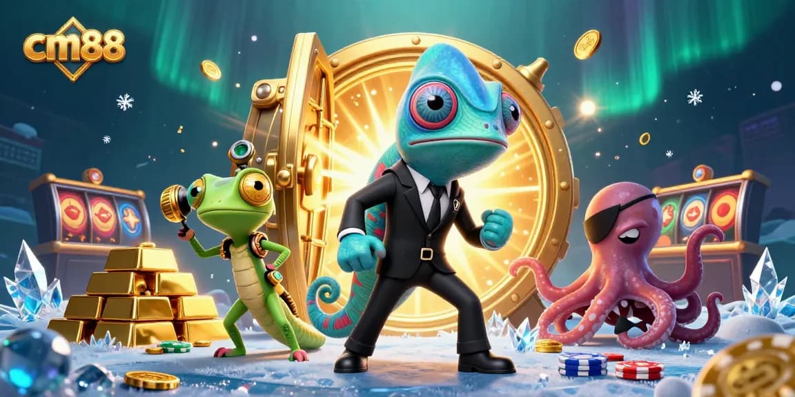 Spin slots and win jackpots with cm88, featuring a colorful illustration of a casino adventure.