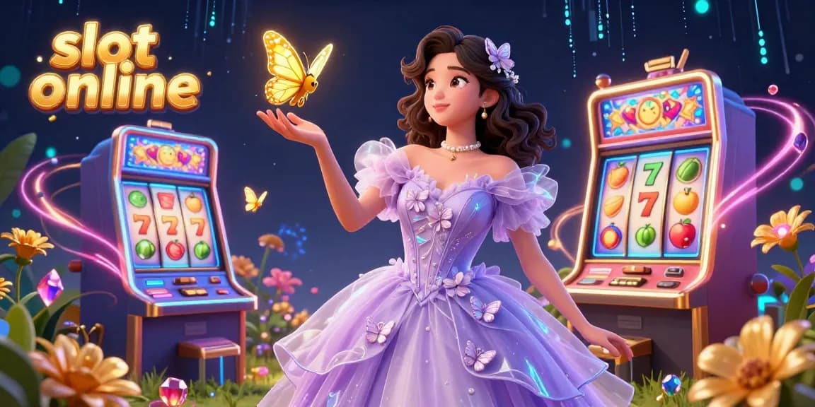 Spin the reels with slot online at this vibrant, captivating casino illustration showcasing an Asian woman among golden butterflies.