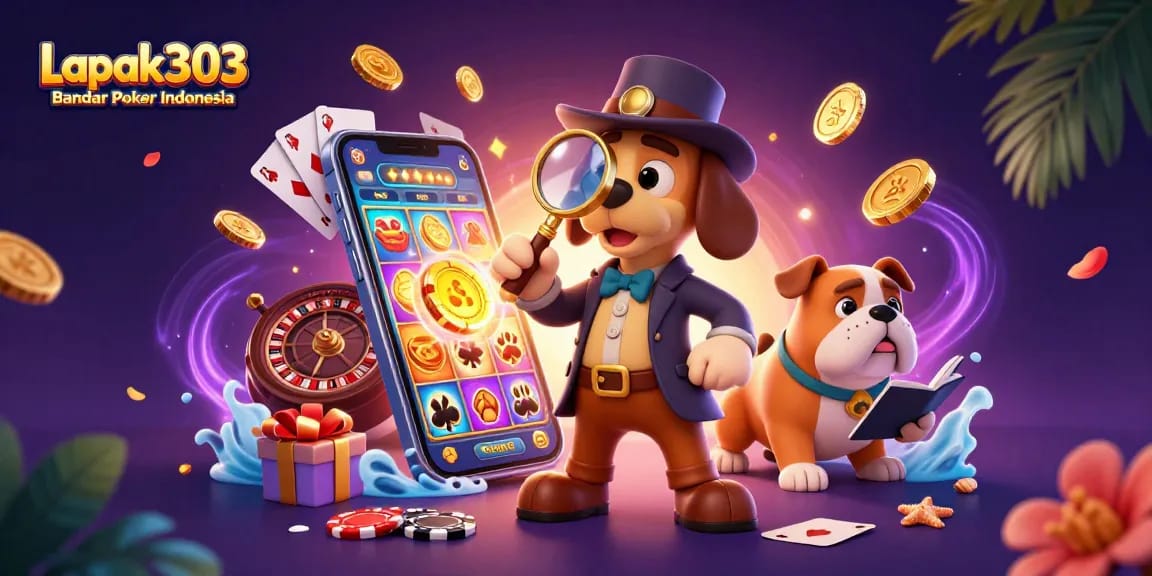 Permainan poker menarik di Lapak303 Bandar Poker Indonesia dengan detektif dan anjing meneliti chip emas.
