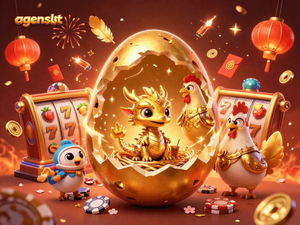 Menangkan agen slot dengan naga emas dan chip poker dalam suasana meriah.