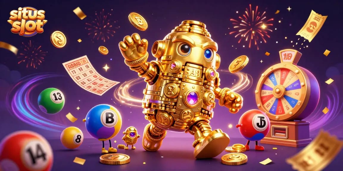 Spin to win at situs slot with the colorful golem, lottery balls, and vibrant casino elements.
