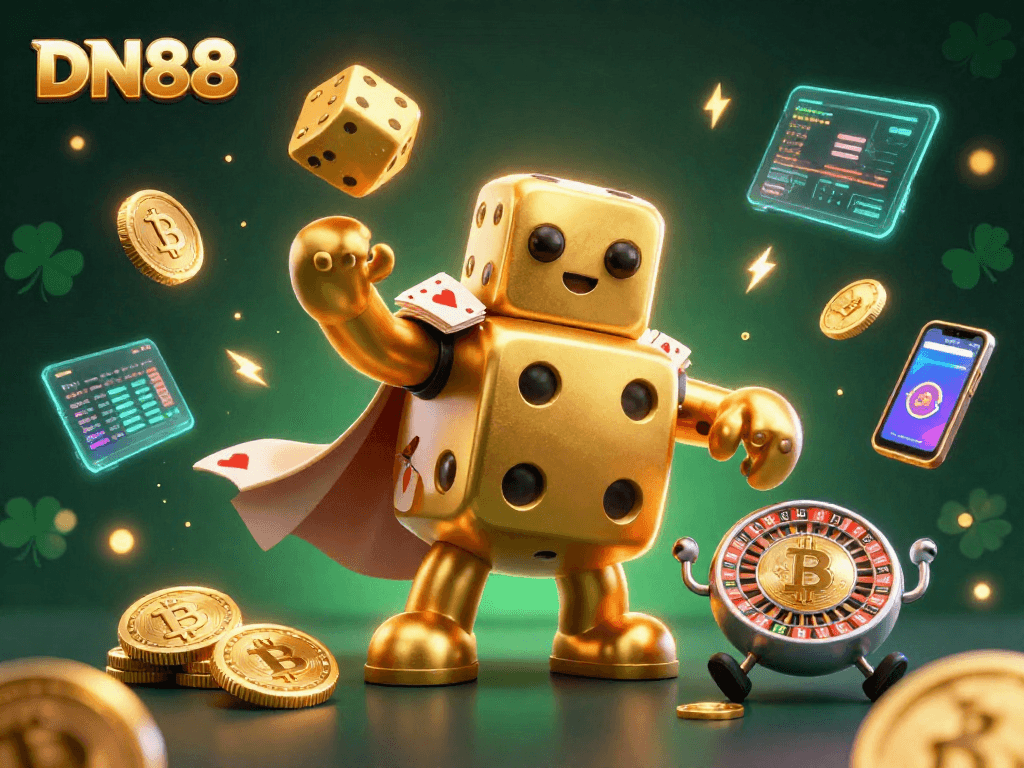 Engage with DN88's vibrant casino experience featuring golden dice and crypto elements.
