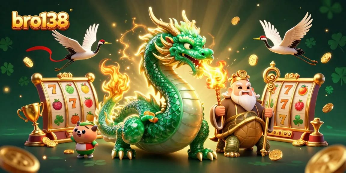 Engage with bro138's vibrant slots scene showcasing a jade dragon and lucky symbols for a thrilling gambling experience.
