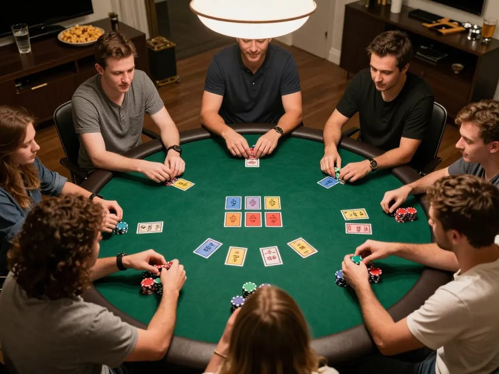 LGO99 Situs Game Online Terpercaya Di INDONESIA showcasing an engaging poker game in a vibrant home setting.