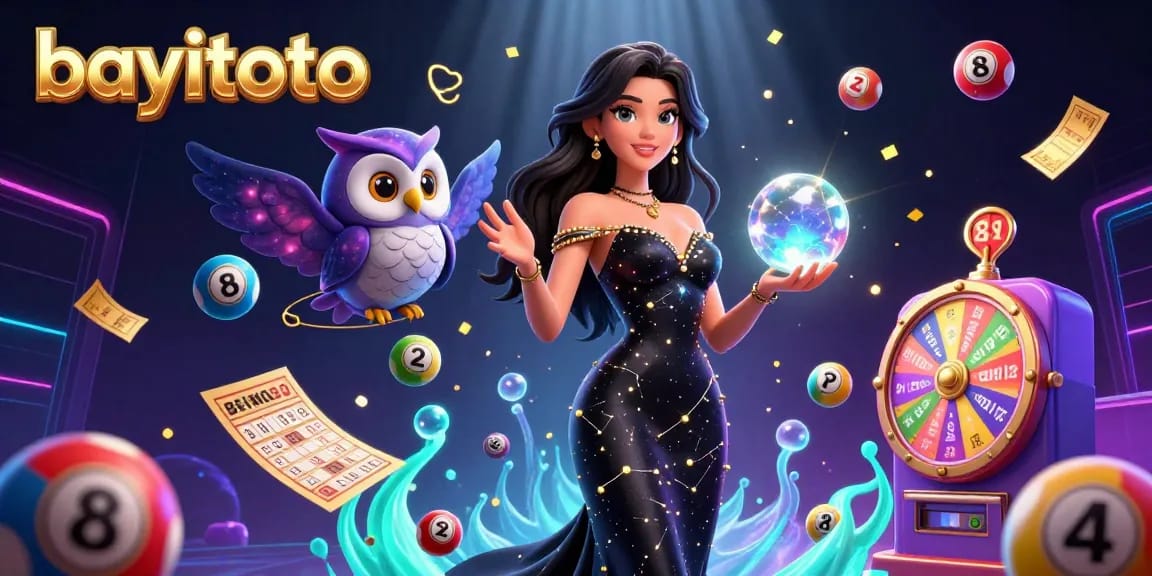 Engage with bayitoto's exciting lottery experience featuring colorful balls and a mystical scene.
