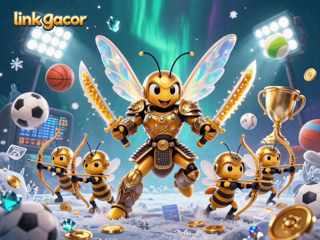 Engage with the link gacor scene of a golden hornet samurai commanding bee archers amidst vibrant sports action.