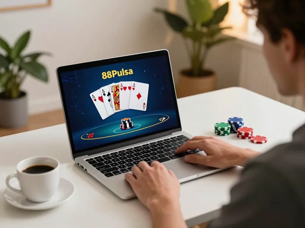 Bermain poker dengan taruhan tinggi secara online dengan 88Pulsa di pengaturan rumah yang nyaman.