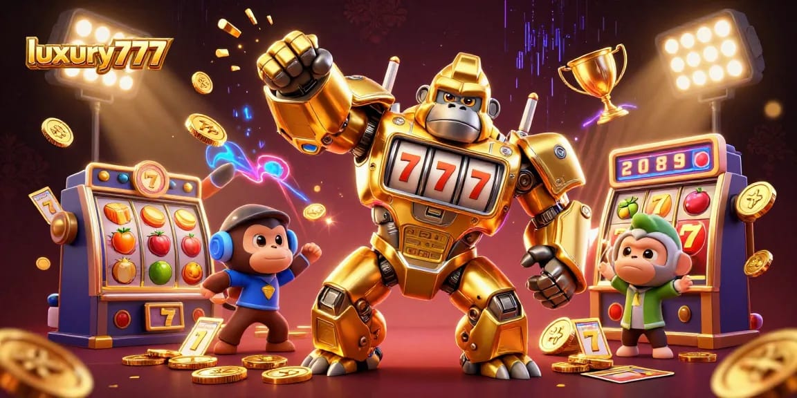 Win big with luxury777 in this dynamic illustration of a golden gorilla mech showcasing thrilling slot elements.