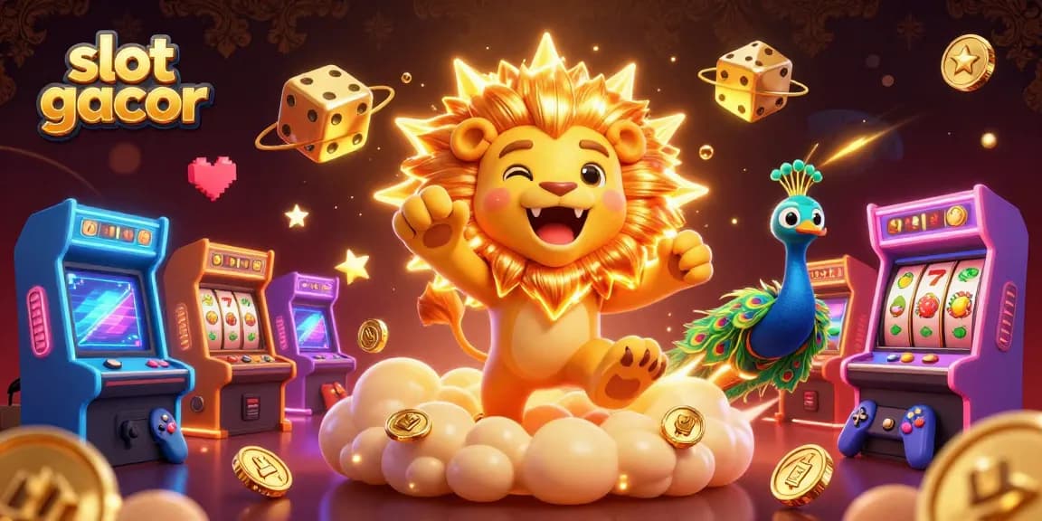 Mengalami slot gacor dengan ilustrasi 3D menarik, simbol keberuntungan berkilau di atas mesin slot.