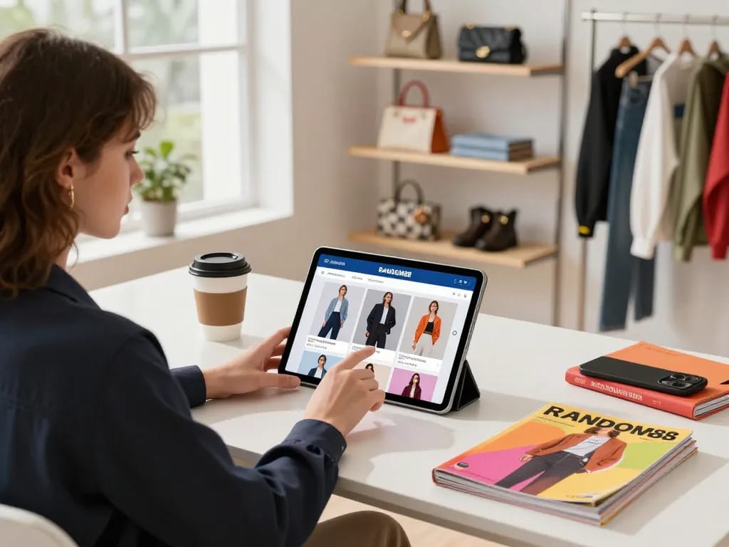 Engaging e-commerce shopping experience featuring RANDOM88 fashion items, stylish person browsing on a tablet.