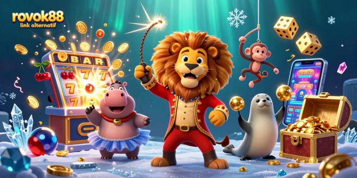 Spin to win with rokok88 link alternatif in this vibrant 3D casino-themed illustration featuring a playful lion, hippo, monkey, and seal.