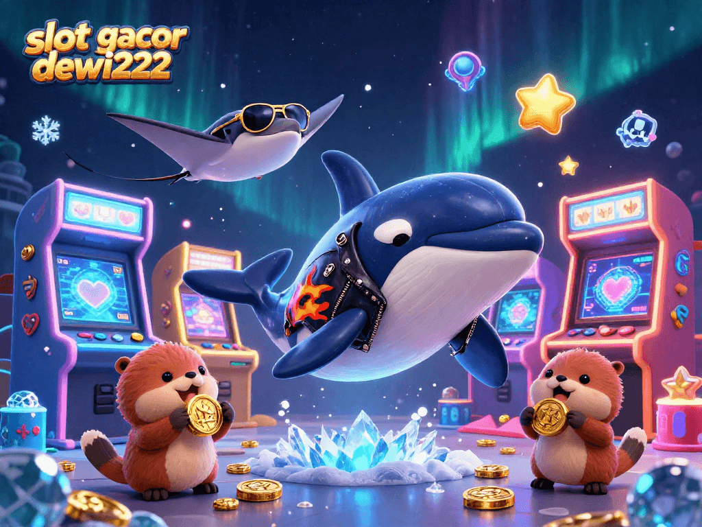 Slot gacor dewi222 menampilkan karakter lucu dan elemen permainan kasino yang penuh warna.