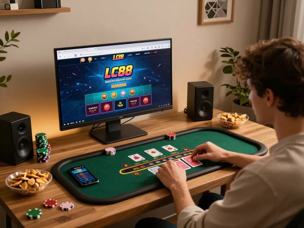 Engaging in online gaming at LC88 casino, showcasing a lively blackjack game.