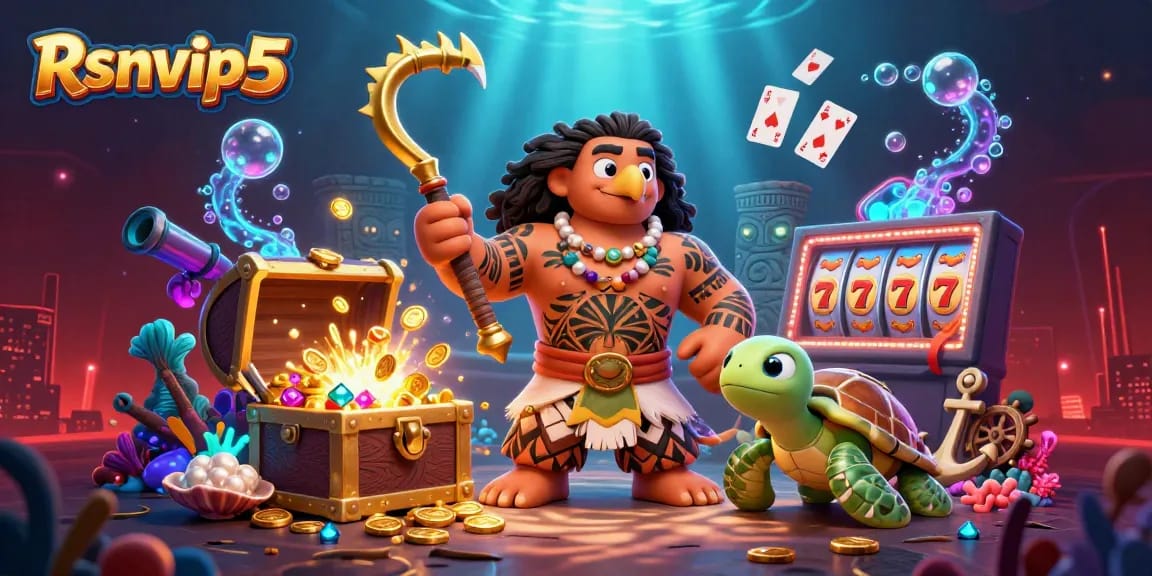 Terlibat dengan kegembiraan kasino Rsnvip5 yang bersemangat menampilkan elemen demigod kartun dan tema harta karun.