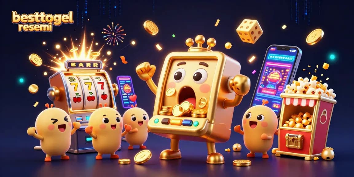 Experience big wins with besttogel resmi as a golden slot machine celebrates its jackpot in a vibrant casino scene.
