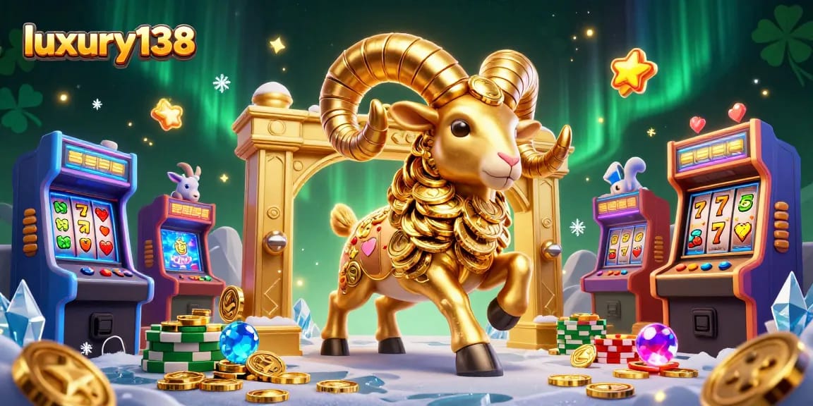 Experience luxury138 with a gold charging ram and vibrant slot game elements in action.
