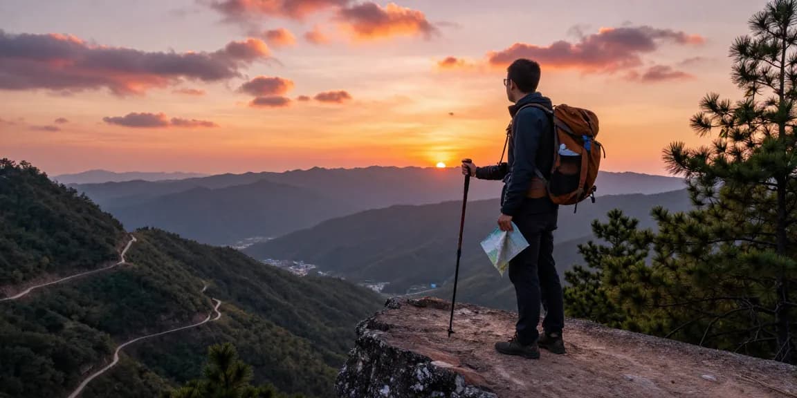 Pemandangan petualangan outdoor di tepi tebing dengan orang sedang menatap lembah indah sambil membawa ransel hiking, menggambarkan pengalaman bermain di situs neng4d.