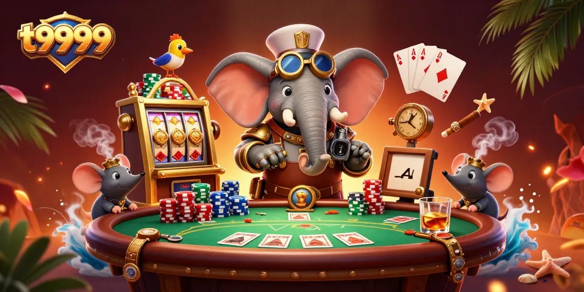 Permainan slot di t9999 dengan elefante steampunk dan aksesoris kasino.