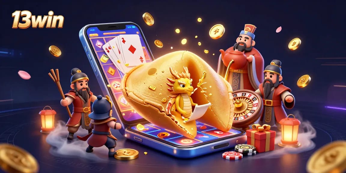 Engage with 13win's vibrant 3D casino scene featuring tempting slots and lucky characters.