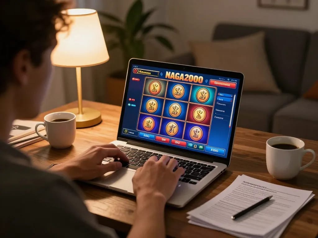 NAGA2000 online gaming experience with a player engaging on a laptop in a cozy home setting.