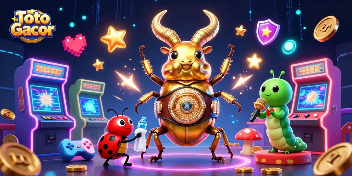 Toto Gacor memainkan slot dengan karakter menarik dan mesin slot yang berkilau di latar belakang.