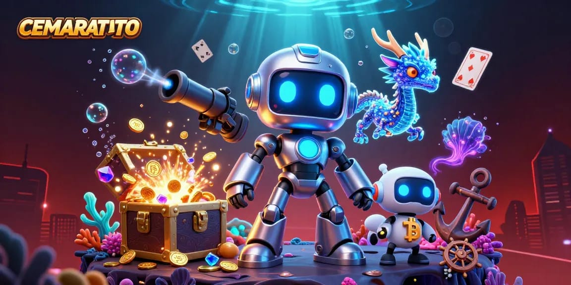 CEMARATOTO offers a vibrant casino experience featuring a cyberpunk robot and treasure details.