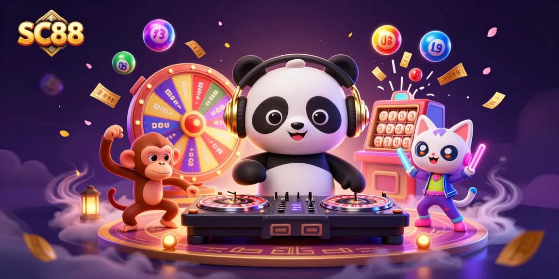 SC88 showcases a vibrant gambling scene with a DJ panda spinning roulette wheels, monkey dancing, and glowing balls flying around.