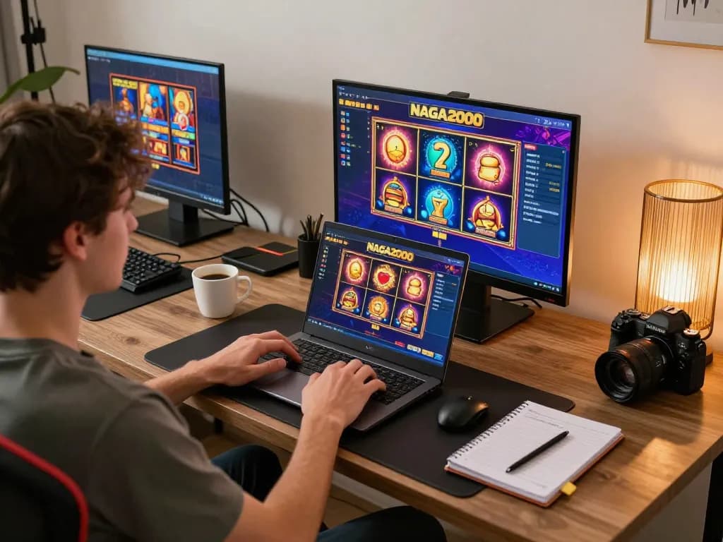 NAGA2000 player engaging with exciting online slot games at a sleek home setup.