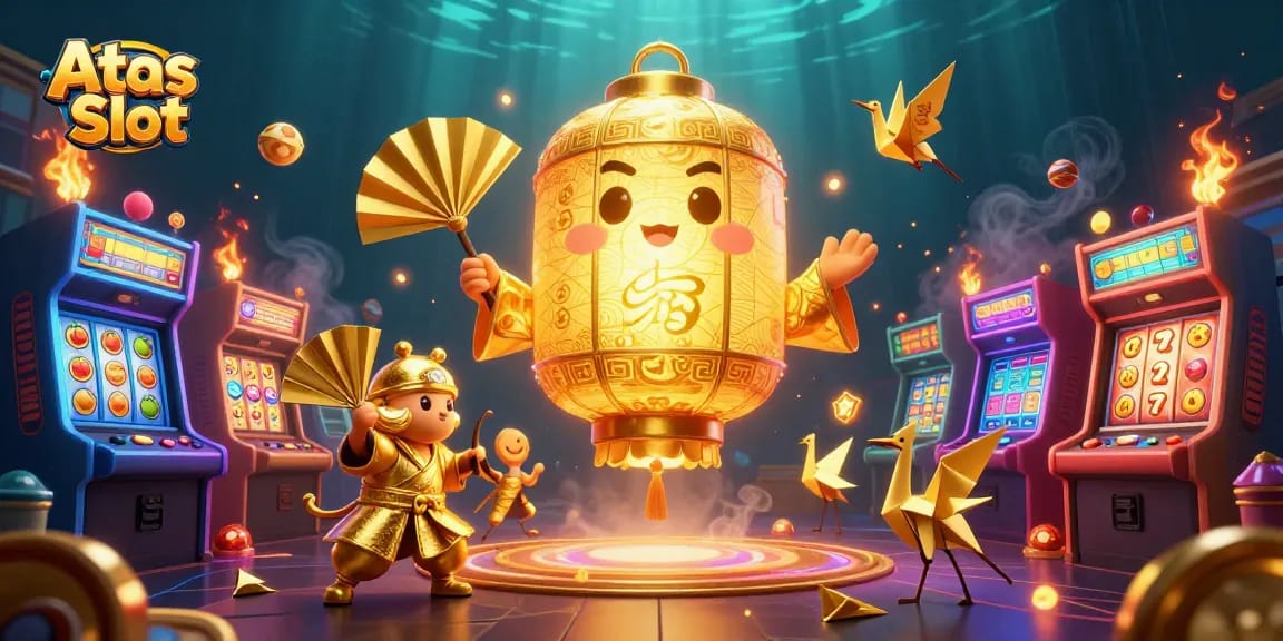 Spin the reels and win big with Atas Slot's vibrant casino illustration showcasing animated characters and colorful gameplay.