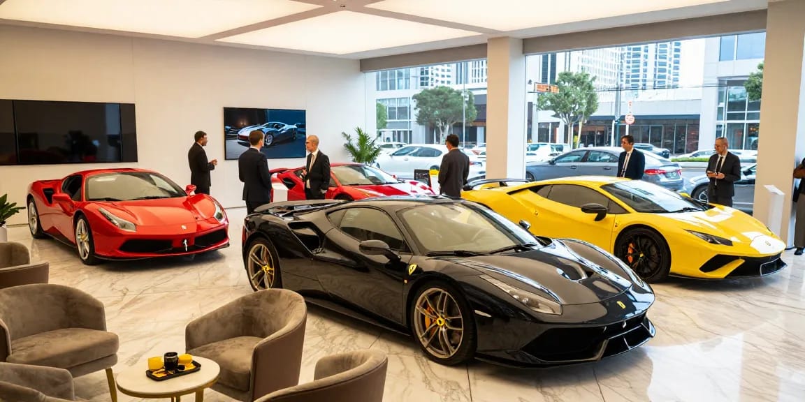Pengalaman mewah LUXURY 777 di showroom mobil, menunjukkan mobil sport premium dan interaksi pelanggan.