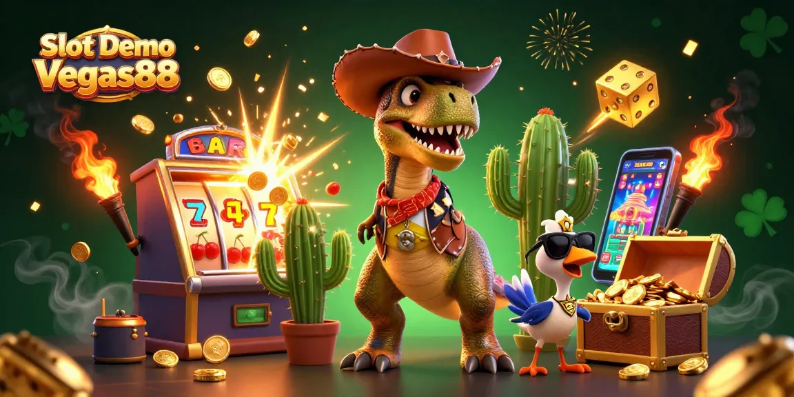 Spin and win with Slot Demo Vegas88 featuring T-Rex, cactus, and roadrunner with jackpot elements.