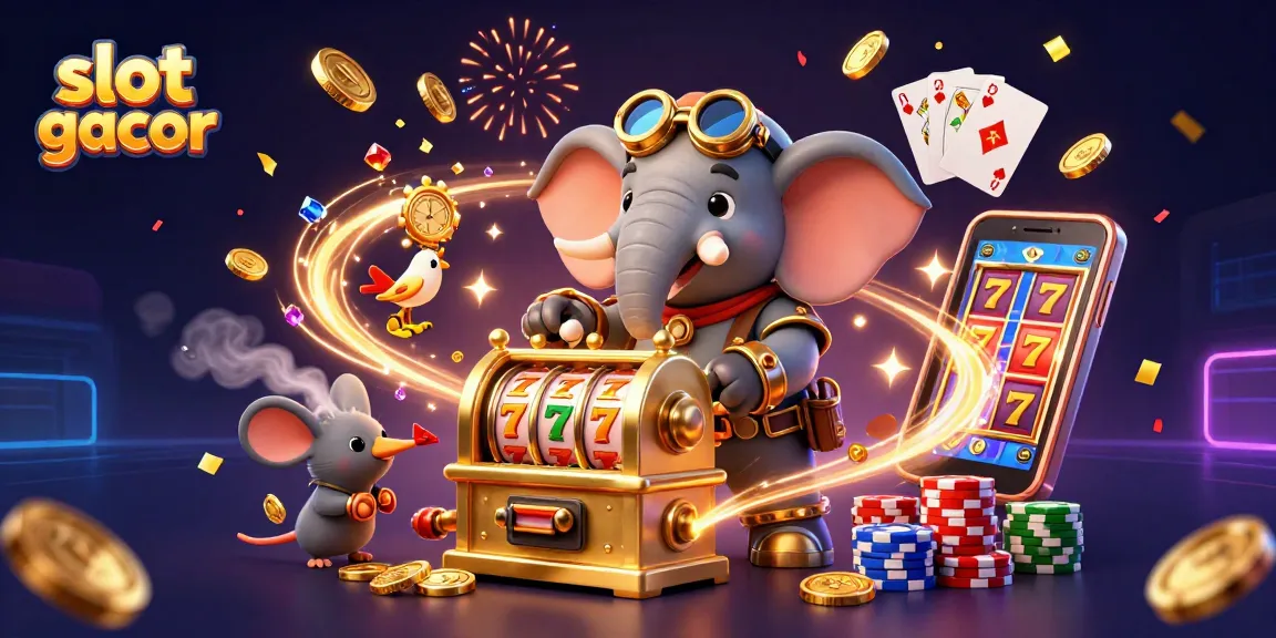 Slot gacor dengan karakter gajah steampunk memutar mesin slot berkilau di background penuh koin emas.