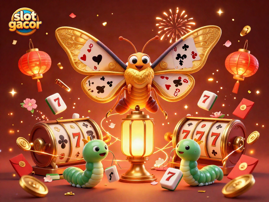 Experience the thrill of slot gacor with a vibrant 3D character scene depicting celebrations and casino elements.