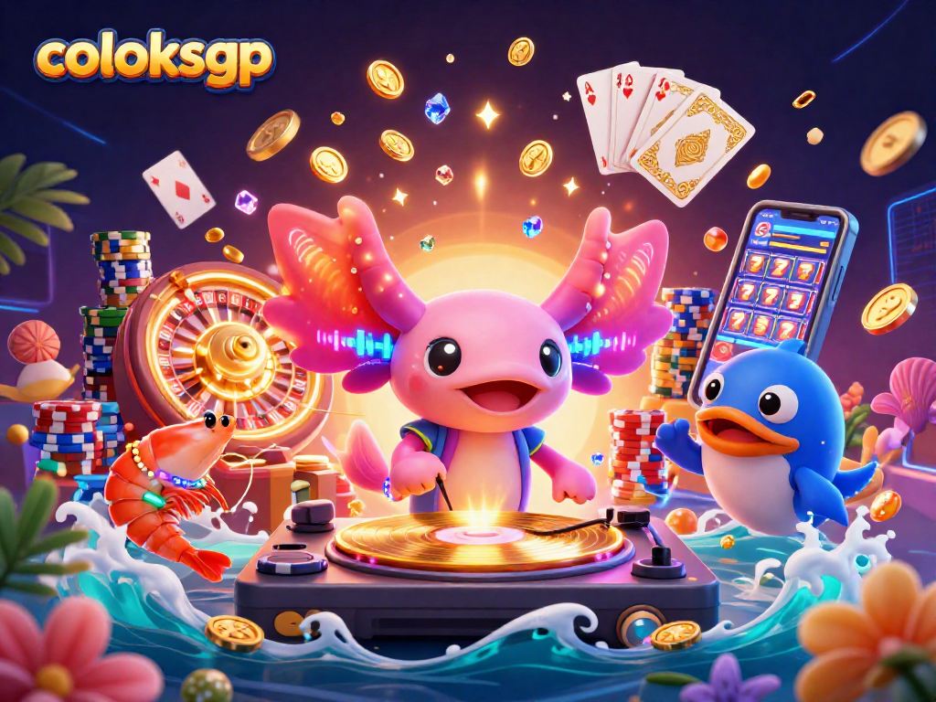 Bermain di coloksgp sambil menikmati ilustrasi yang menampilkan DJ axolotl neon berwarna dan suasana kasino yang meriah.