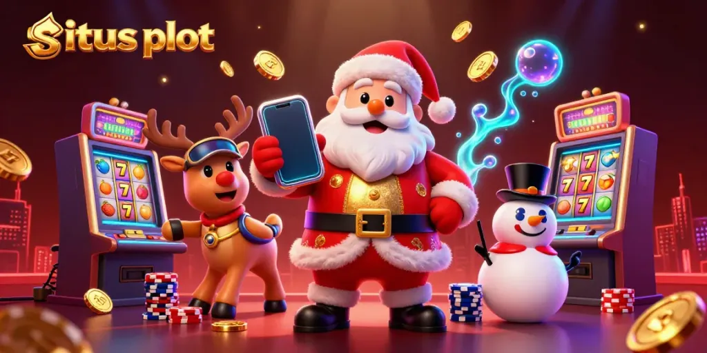 Experience the excitement of situs slot with Santa, a dealer-visored reindeer, and a poker chip snowman in a vibrant casino scene.